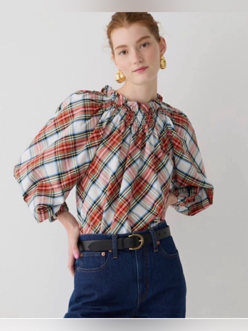 J. Crew Plaid Smocked-Neck Balloon Sleeve Top - White Multi
